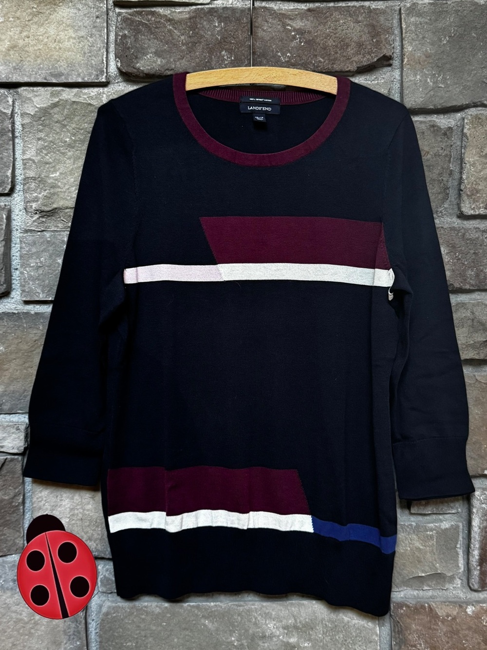 LANDS' END Women’s Navy Sweater with Burgundy and White Accent -M